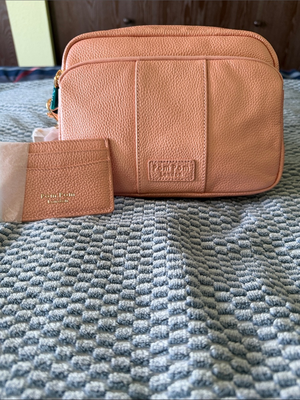 Pom Pom London Peach Leather Mini Crossbody with Card Holder